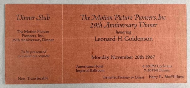 1967 Motion Picture Pioneers Inc. Anniversary Dinner Invitation