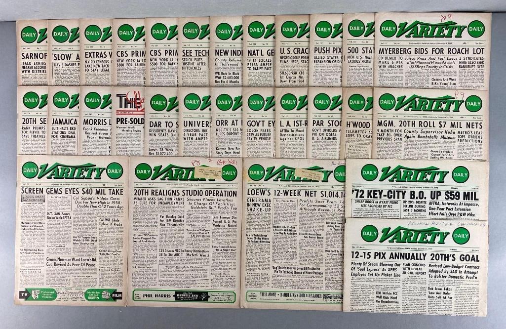 Group of 29 Daily Variety Magazines: red writing and shipping labels present on some, each measures 12 1/4 x 9 1/4 inches