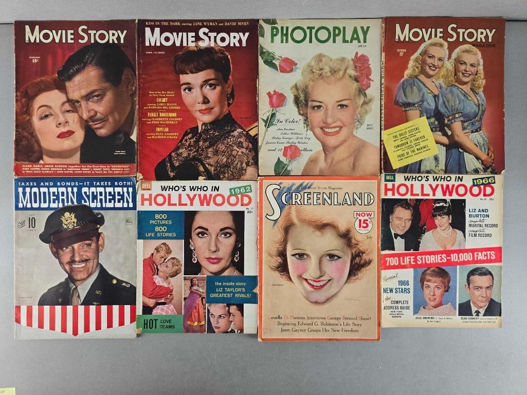 Group of 8 Early Movie Magazines: Includes screenland, who's who in Hollywood, modern screen and more, largest measures 11 1/2 x 8 1/2 inches