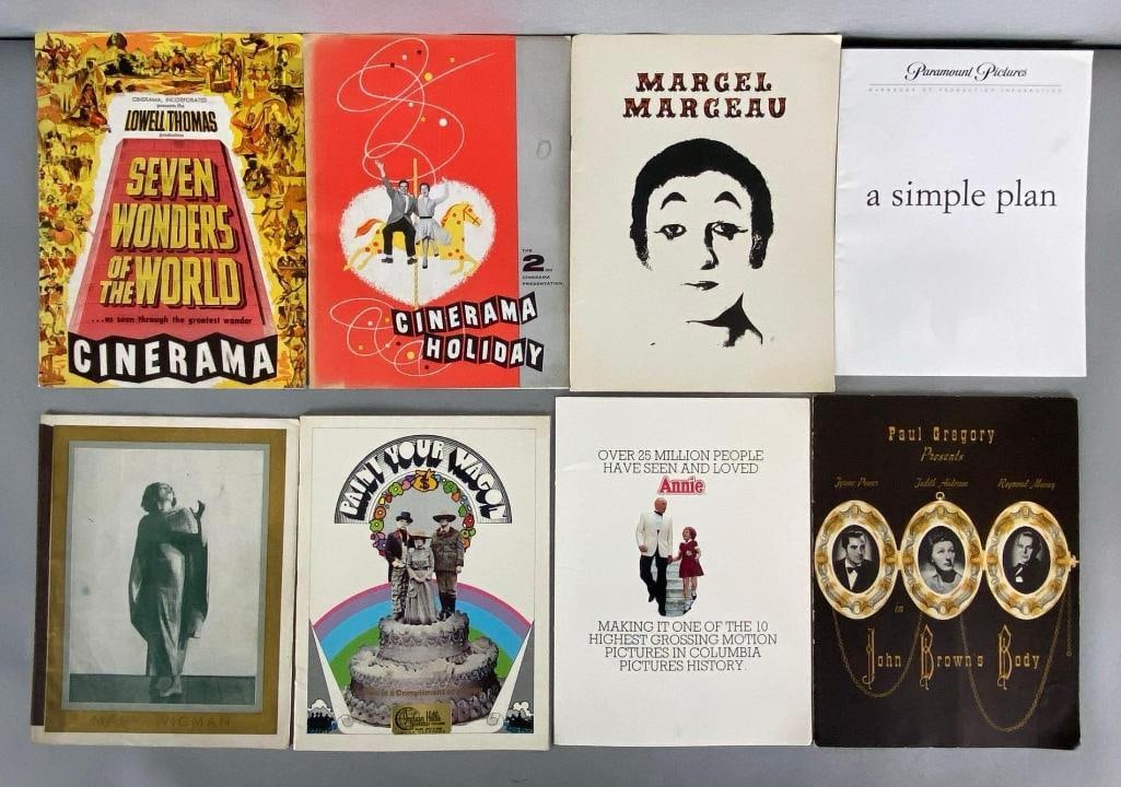 Group of 8 Hollywood and Theatre Programs: Includes John Browns Body, Annie, Paint Your Wagon, Mary Wigman, A Simple Plan, Mattel Marceau, Cinerama Holiday, and Seven Wonders of the World, Largest measures 12 x 9 inches.