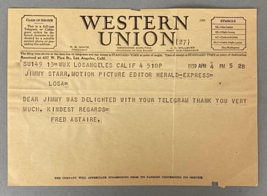 1939 Telegram from Fred Astaire to Jimmy Starr