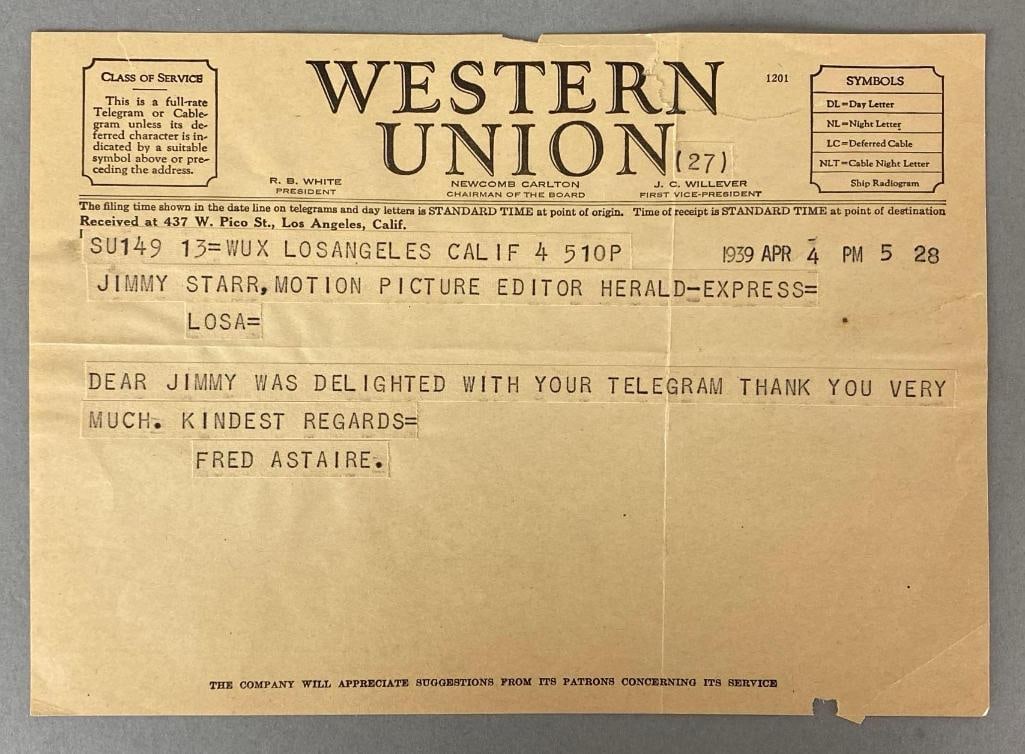 1939 Telegram from Fred Astaire to Jimmy Starr: Western Union, In response to telegram sent to him, small tear across top, Measures 5 3/4 x 8 inches.