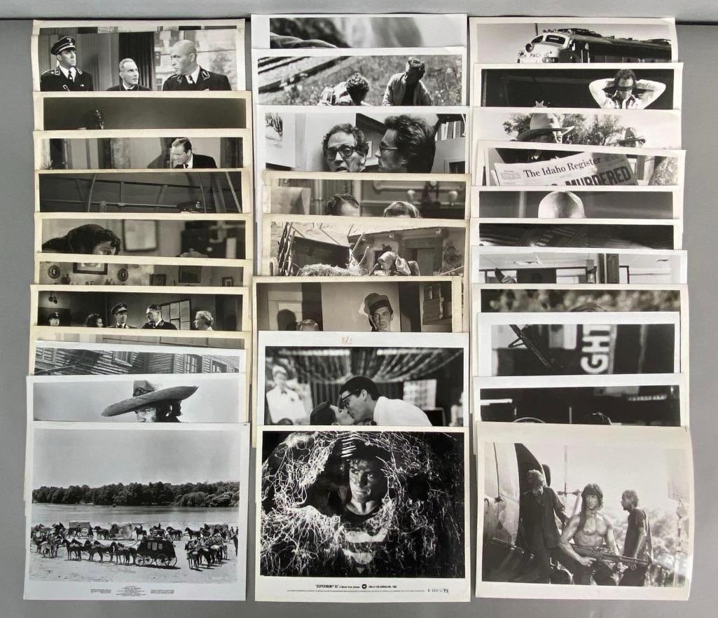 Group of 30+ Movie Still Sets: 30+ Stills in total, Includes stills from Bronco Billy, Eiger Sanction, Fistfull of Dollars, Rambo First Blood Part II, Superman III, Passport to Destiny, and Great Impersonation, All measure 8 x 10 i