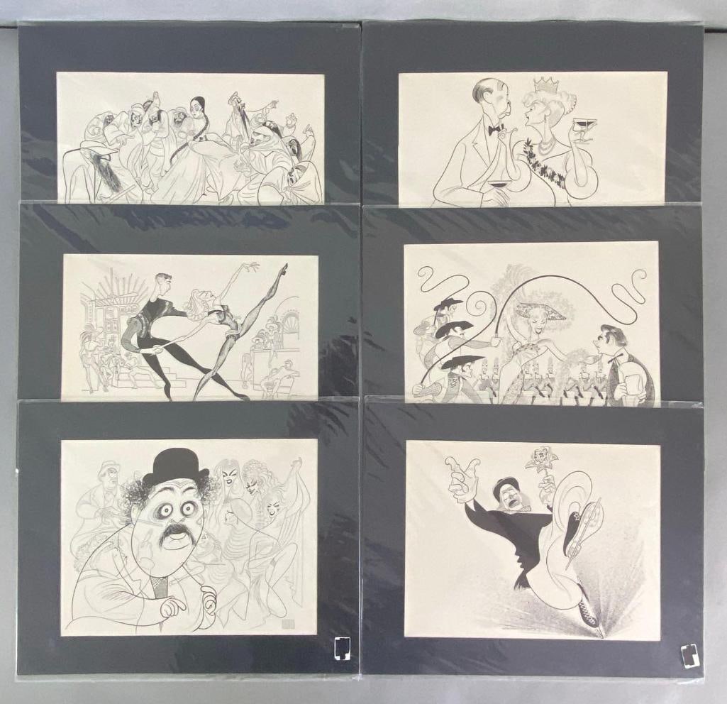 Group of 6 Herschfeld Theatre Art Prints: Artists name printed on bottom corners of some, Matted frames measure 11 x 14 inches.