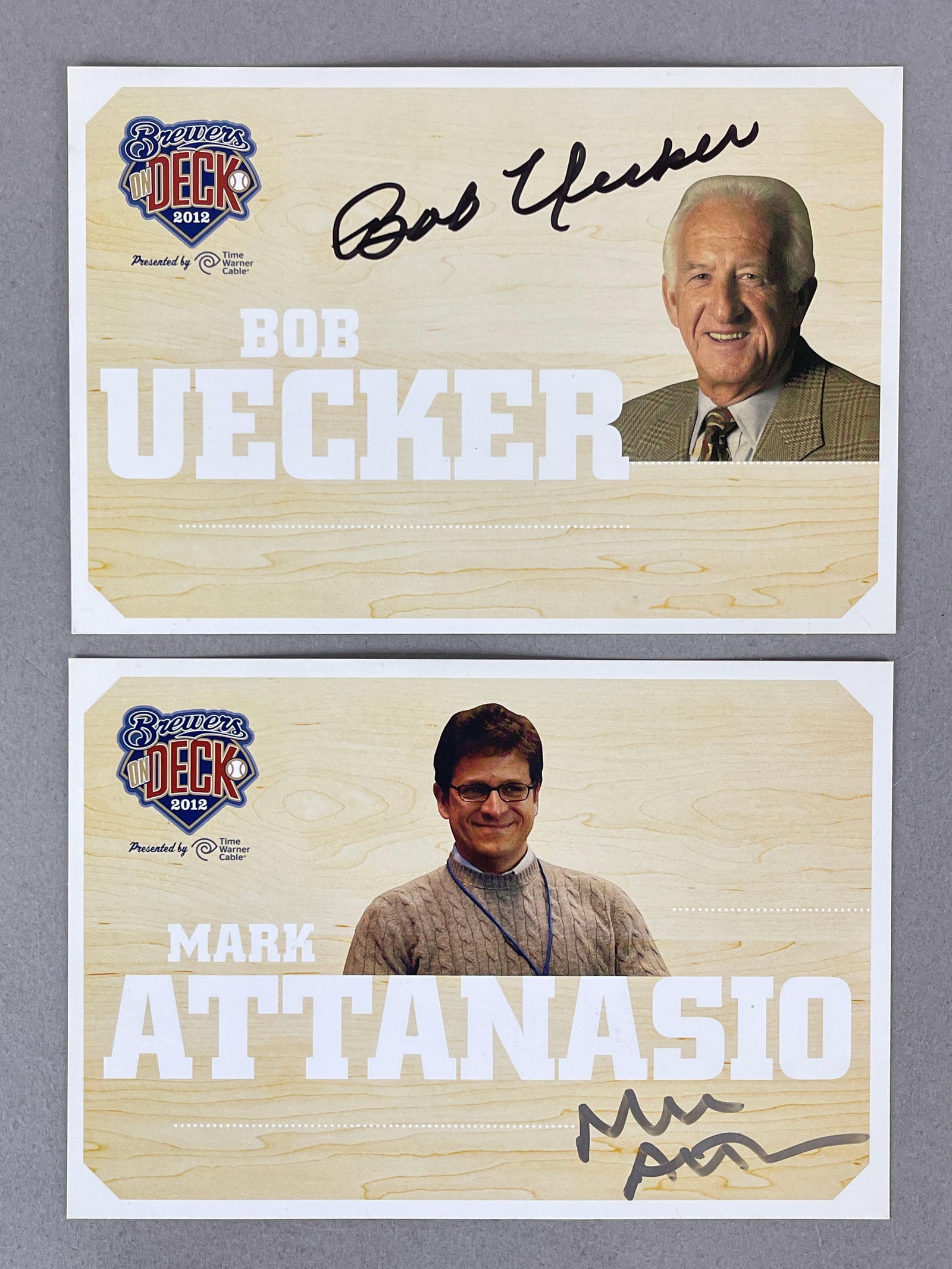 Bob Uecker and Mark Attanasio, Brewers Owner, Signed 2012 Brewers on Deck Cards: Autographed Bob Uecker, Mark Attanasio, We guarantee these to pass a 3rd party authentication
