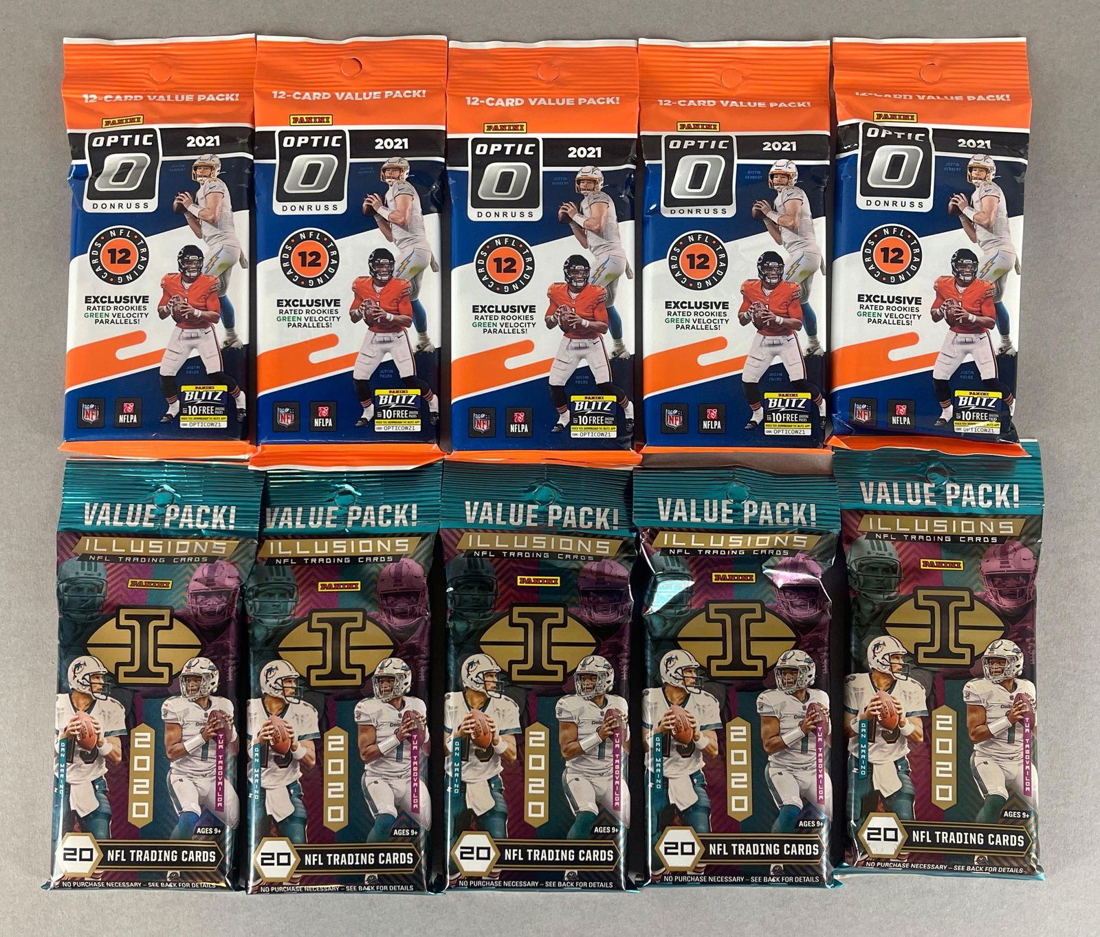 5 - 2020 Optic Football + 5 - 2021 Illusions Football Value Packs (1 of 3)