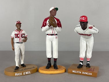 2 - Hartland Negro League Series Signed Buck ONeil and Melvyn Duncan + Satchel Paige Statues