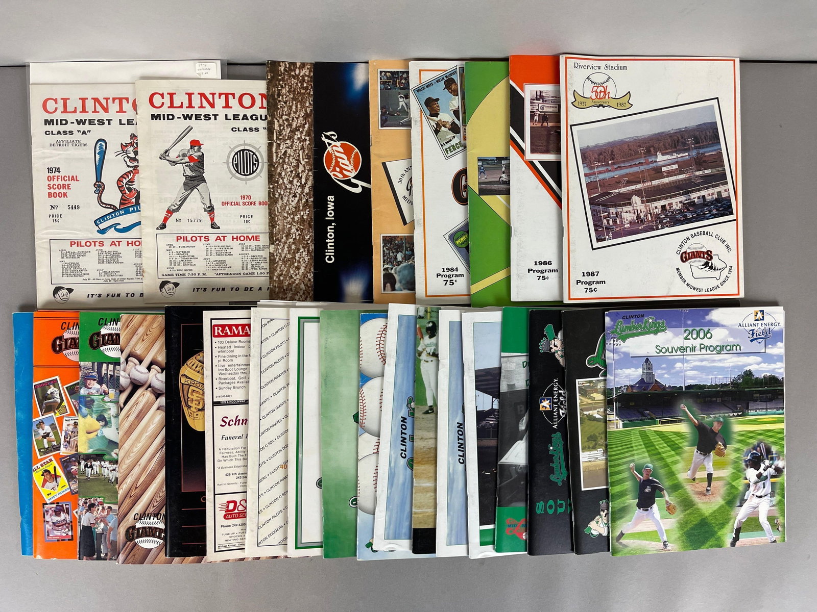 27 - 1970 - 2006 Clinton Pilots, Giants, and Lumber Kings Minor League Programs and Scorecards: 1970, 74 Pilots scorebook, 1981 - 93 Clinton Giants programs, 1994 - 2006 Clinton Lumber Kings programs