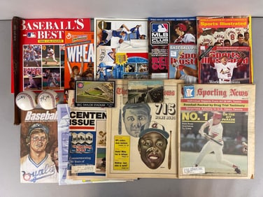 Group of Baseball Calendars, Magazines, Postcards, Sporting News Aaron 715 and More