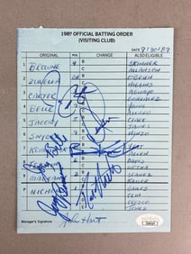 1989 Joey Belle, Joe Carter Multi Signed Cleveland Indians Clubhouse Batting Order Form with JSA COA