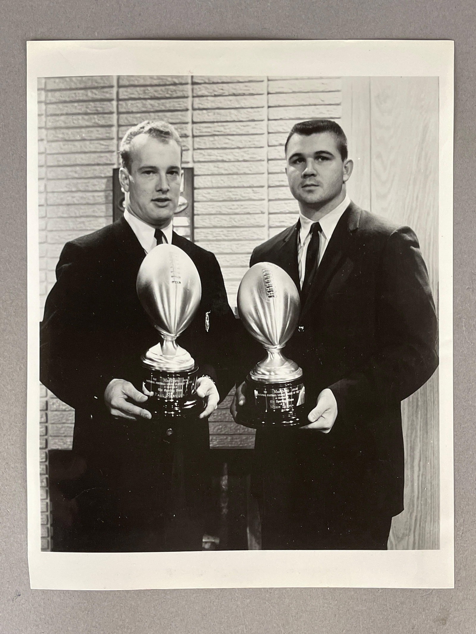 1962 Mike Ditka and Paul Hornung Award Presentation Photo from Seattle Times: Mike Ditka Rookie of the Year, Paul Hornung Player of the Year, with Philip Morris Cutline