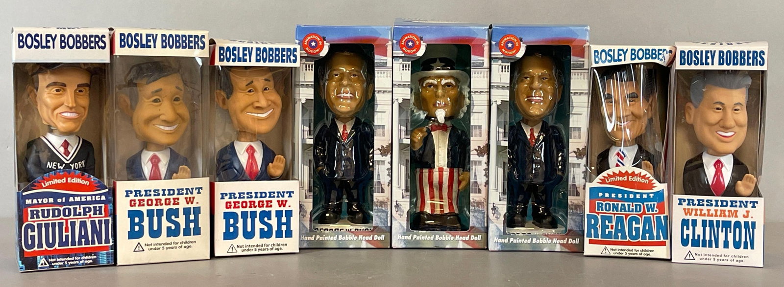 8 - United States President Bobbleheads with Uncle Sam: Includes Uncle Sam 512/1000, 2 - George W. Bush 589, 970/1000, Ronald Reagan, and More, with original packaging