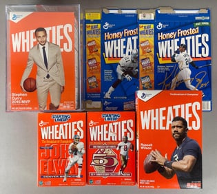 Group of Wheaties Stating LineUp, Wheaties, and Honey Frosted Wheaties Boxes