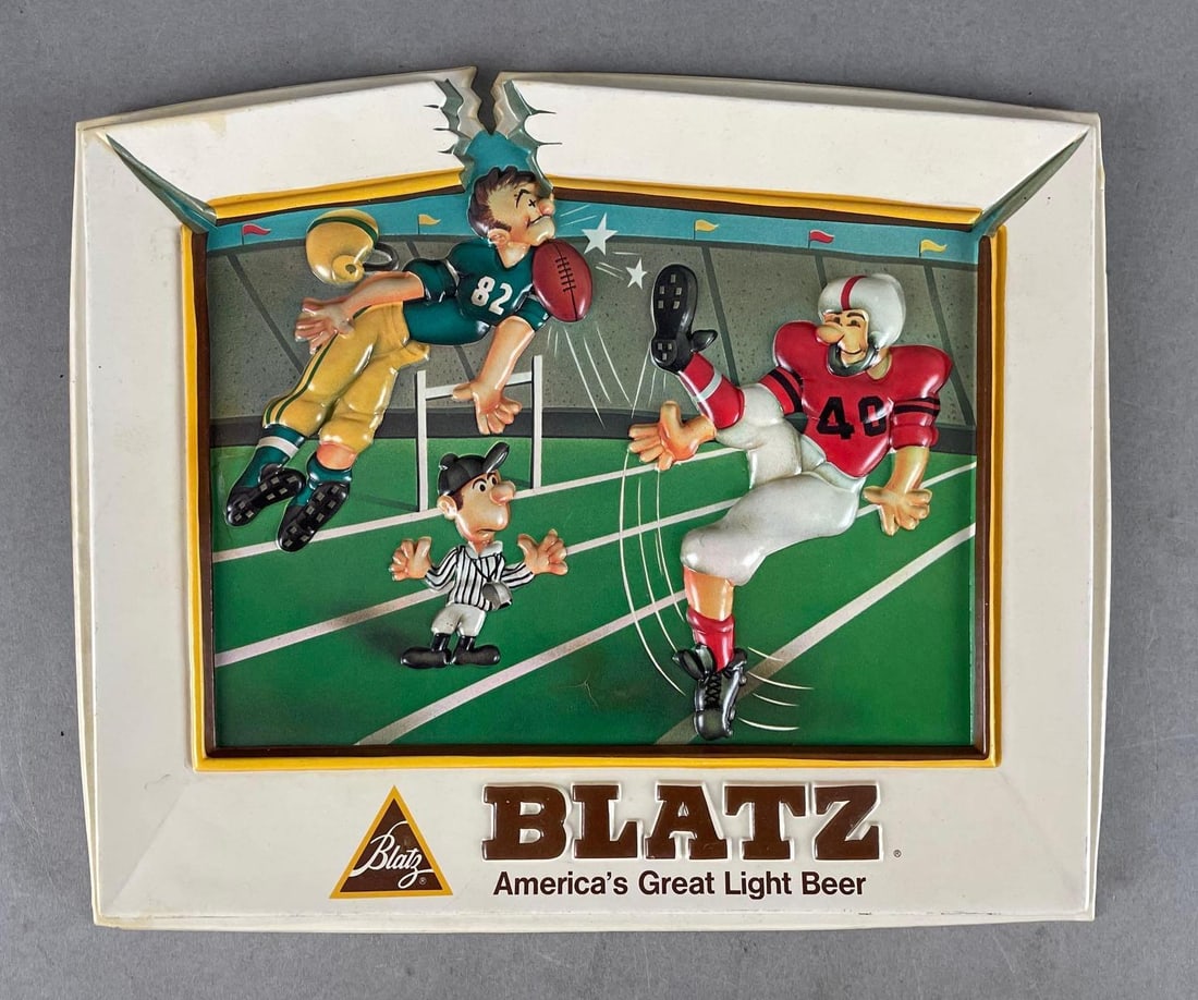 1975 Blatz Light Beer Football Vacuuform Advertising Sign: Small crack on bottom corner, measures H 10 1/2" x W 12 1/2"