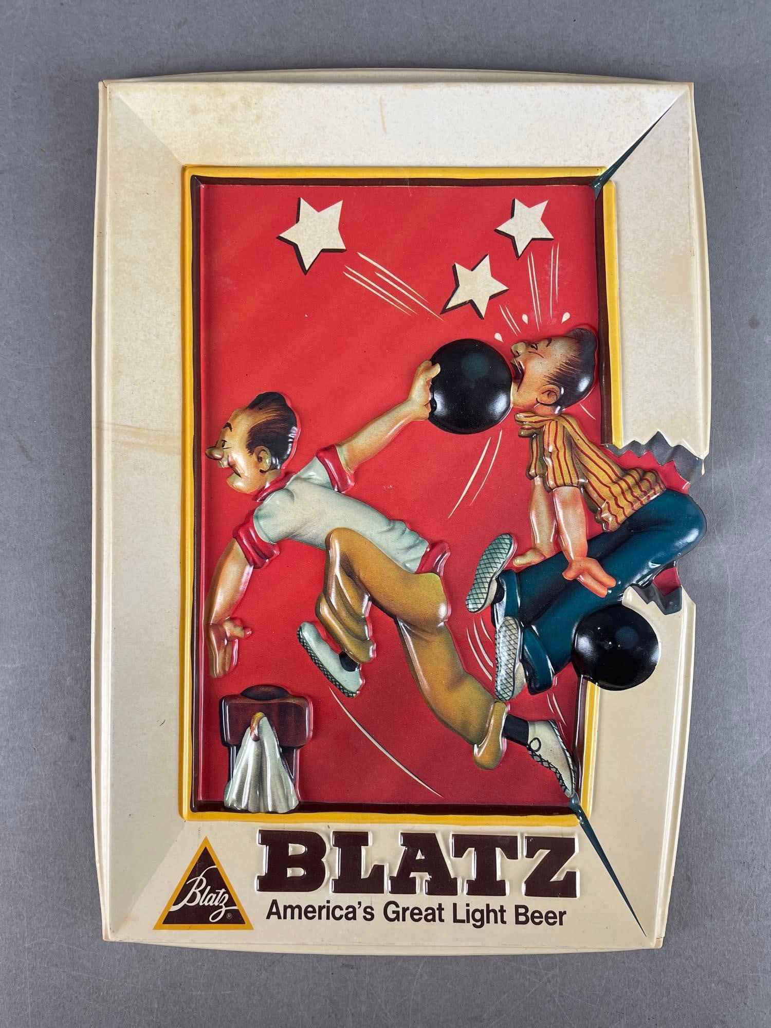 1975 Blatz Light Beer Bowling Vacuuform Advertising Sign: Small crack at bottom corner, measures H 13" x W 9 1/4"