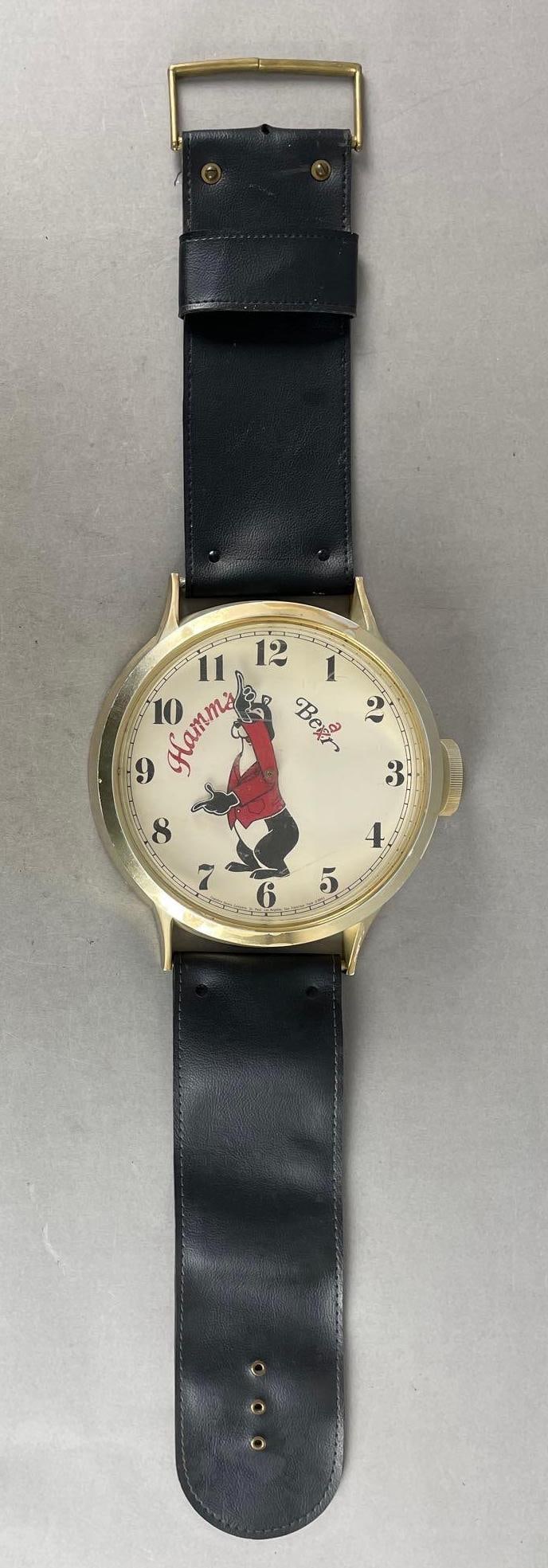 Vintage Hamms Beer Bear Advertising Watch Wall Clock: Did not work in test, top strap comes off easily, measures H 36" x W 9 3/4" x D 2 3/4"