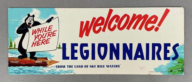 1950s Hamms Beer Bear Welcome Legionnaires Cardboard Advertising Sign