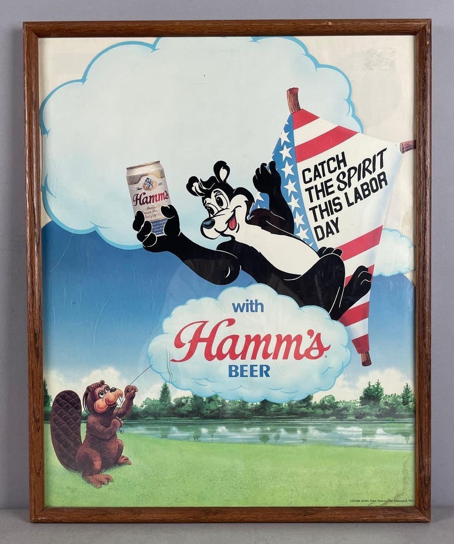 1991 Hamms Beer Bear Labor Day Die-Cut Advertising Sign: Frame measures H 21" x w 17"