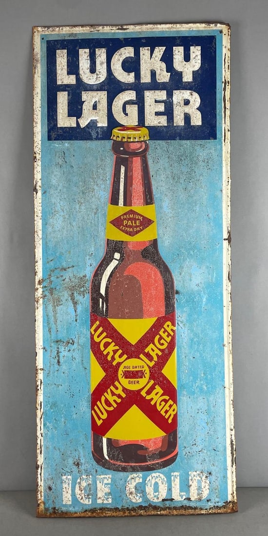 Vintage Lucky Lager Beer Embossed Metal Advertising Sign (1 of 4)
