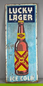 Vintage Lucky Lager Beer Embossed Metal Advertising Sign: Some rust, measures H 43 1/4" x W 17 3/4"