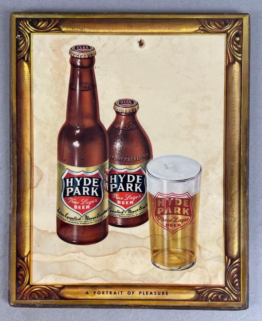 Vintage Hyde Park True Lager Beer Advertising Portrait Sign: Hole on front, measures H 12 3/4" x W 10 1/2"