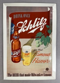 Schlitz Beer Tin over Cardboard Advertising Easel Sign