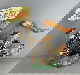 Vintage Blatz Beer Baseball Metal Advertising Back Bar Statue: Includes flags, large Blatz flag has taped tear, as shown measures H 21" x W 24" x D 8 3/4"