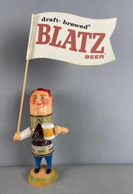 Vintage Blatz Beer Can Man Advertising Statue with Flag