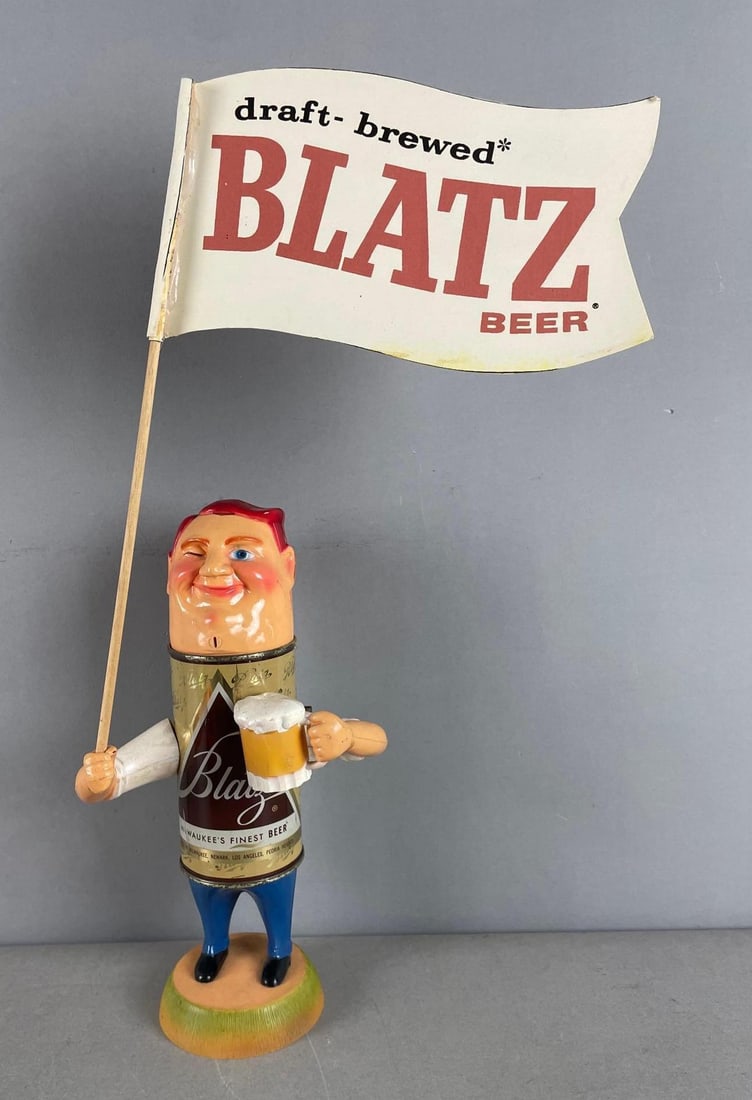 Vintage Blatz Beer Can Man Advertising Statue with Flag (1 of 3)