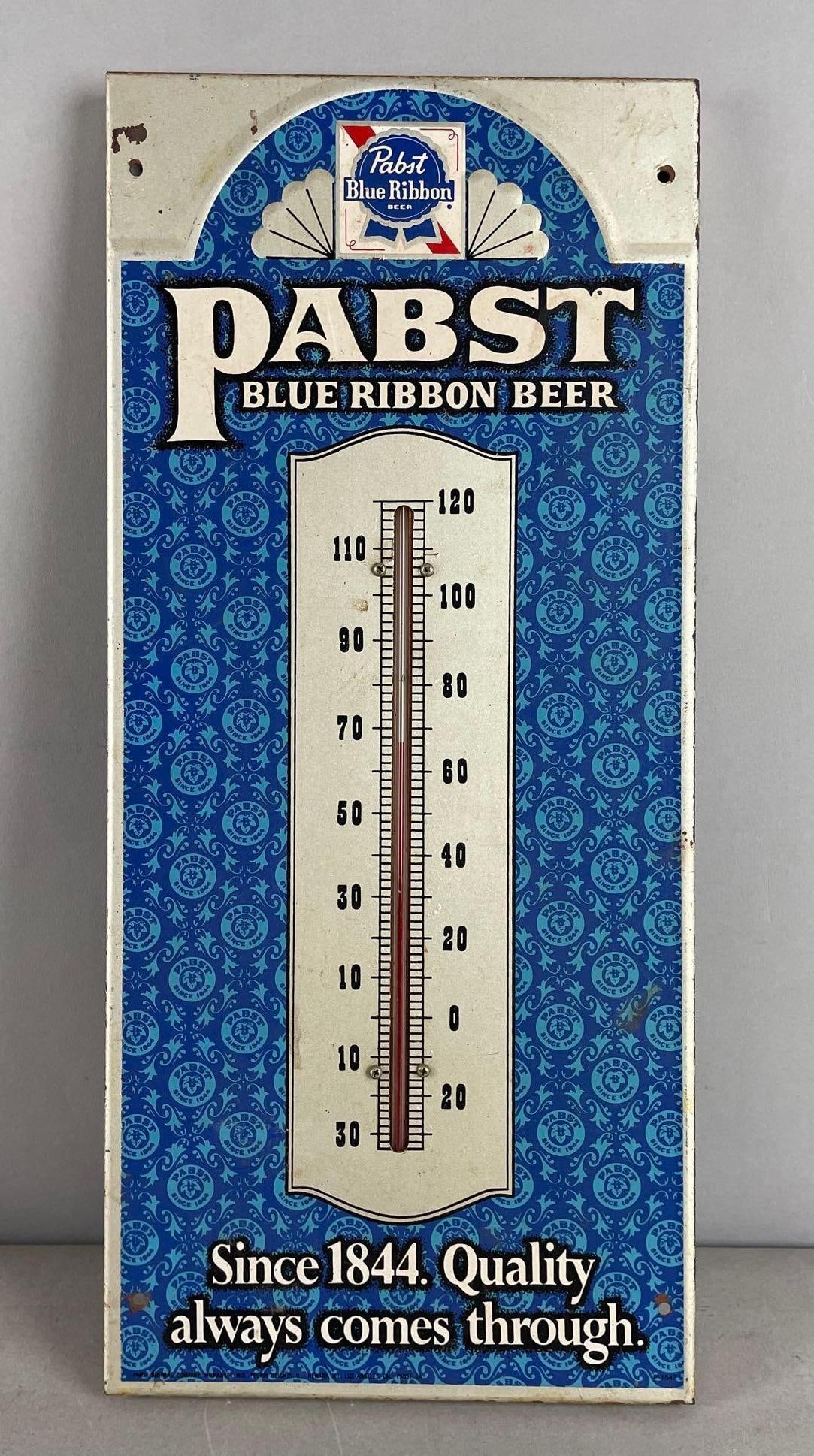 Pabst Blue Ribbon Beer Metal Advertising Thermometer: Working condition, measures H 20 1/2" x W 9 1/4"