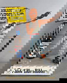 Vintage Pabst Blue Ribbon Beer Boxer Metal Advertising Display: Back bar boxing ring, posts appear repaired. measures H 15" x W 12 1/4" x D 6 3/4"