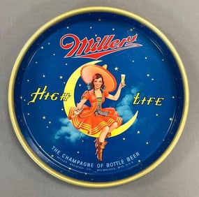 Vintage Miller High Life Moon Girl Advertising Metal Beer Tray