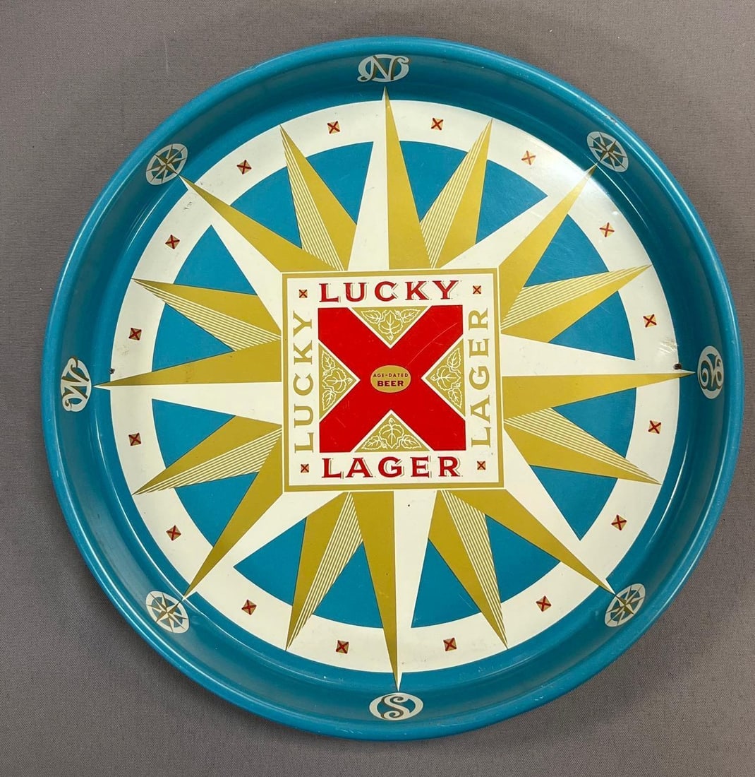 Vintage Lucky Lager Beer Advertising Metal Drink Tray: 13 inches round