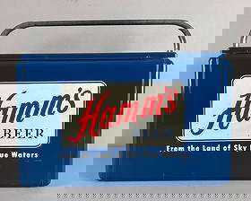 1950s Hamms Beer Metal Advertising Picnic Cooler: Includes tray and hose, measures overall H 15 3/4" x W 21" x D 10 1/4"