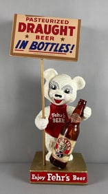 Vintage Fehr's Beer Bear Chalk Advertising Statue with Sign
