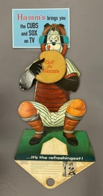 Vintage Hamms Beer Baseball Catcher Advertising Pole Stacker Sign