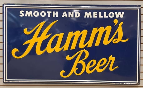 1940s Hamms Beer Smooth and Mellow Embossed Tin Advertising Sign