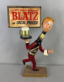 Vintage Blatz Advertising Metal Bottle Waiter Statue: 8" w x 17" H x 5" D