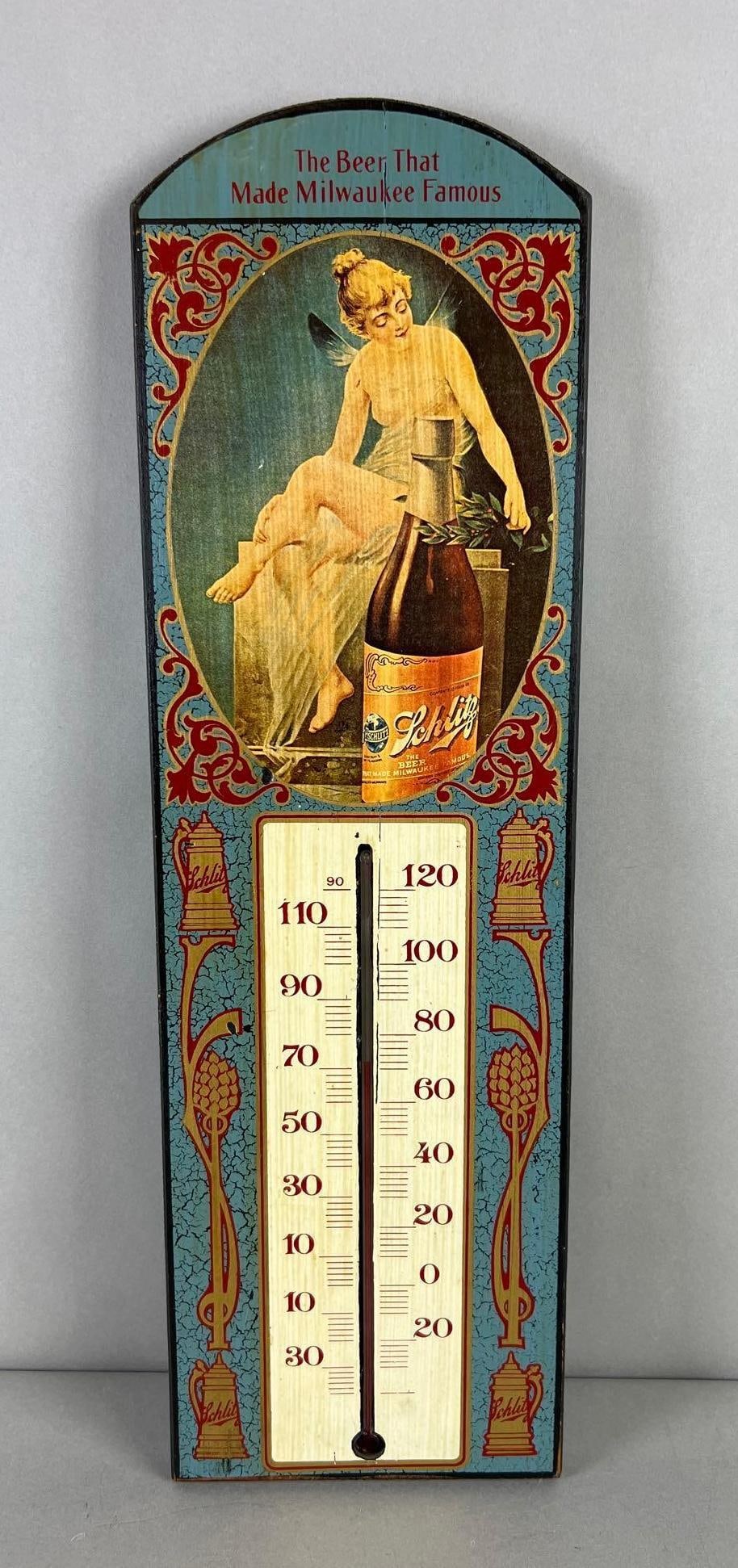 Modern Reproduction Schlitz Advertising Beer Thermometer: 7" W x 23" H. Working