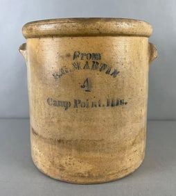 Antique E.G. Martin Camp Point IL. 4 Gallon Advertising Stoneware Crock