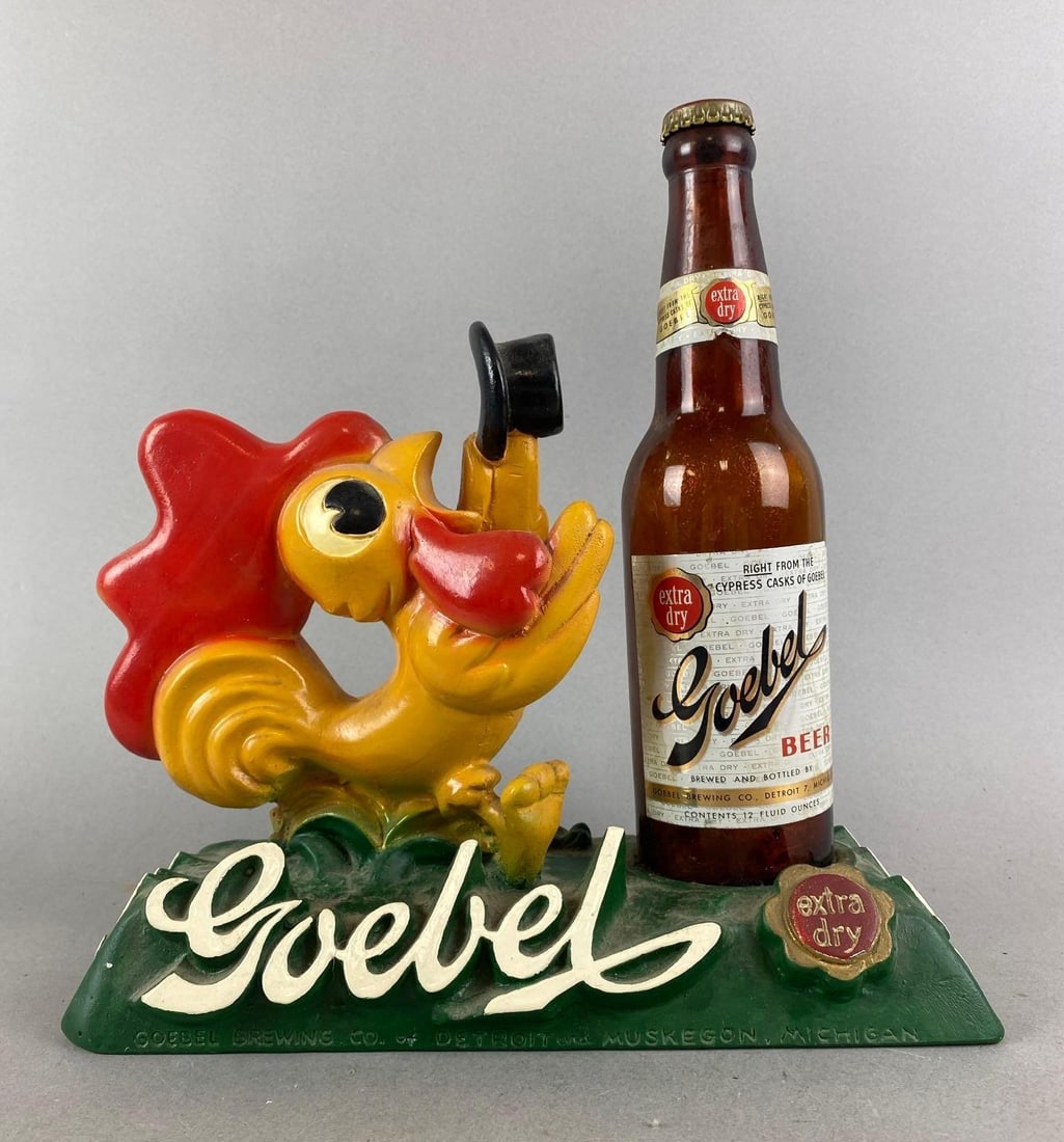 Vintage Goebel Beer Advertising Back Bar Chalk Statue: Needs a good cleaning. Measures H 11 x W 10 1/2 x D 4 1/2 inches.