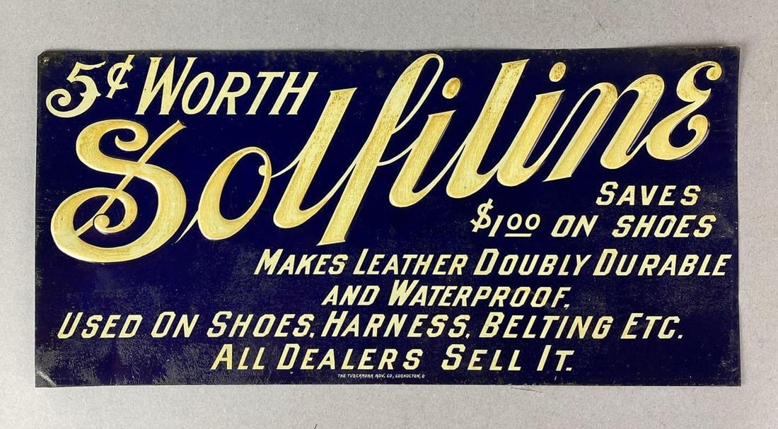 Antique 1900s Solfiline Shoe Advertising Tin Tacker: Wear is consistent with age. Measures 6 1/2 x 13 1/2 inches.