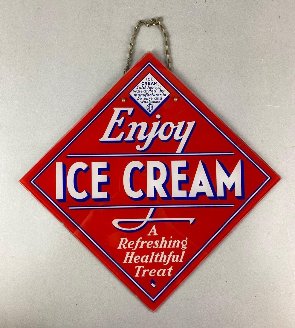Vintage 1940s Enjoy Ice Cream Reverse Glass Advertising Sign: Some paint chipping and chips on back. Measures 14 x 14 inches.