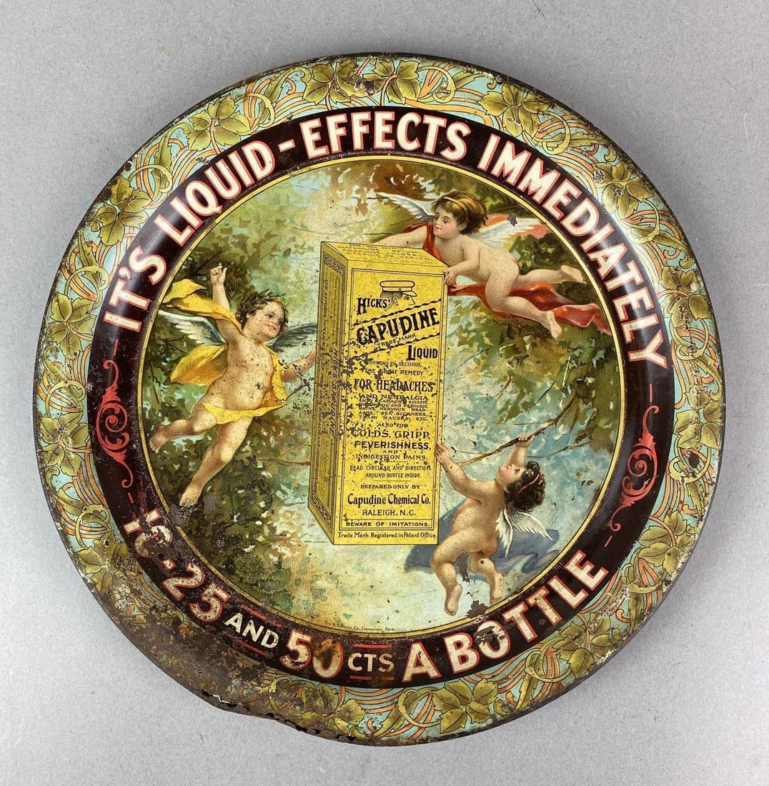 Antique 1900 Capudine Medicine Advertising Tray: Has rust spots. Measures 9 3/4 x 9 3/4 inches.