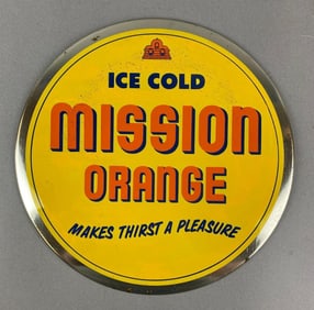 Vintage 1940s Mission Orange Soda Advertising Button Sign