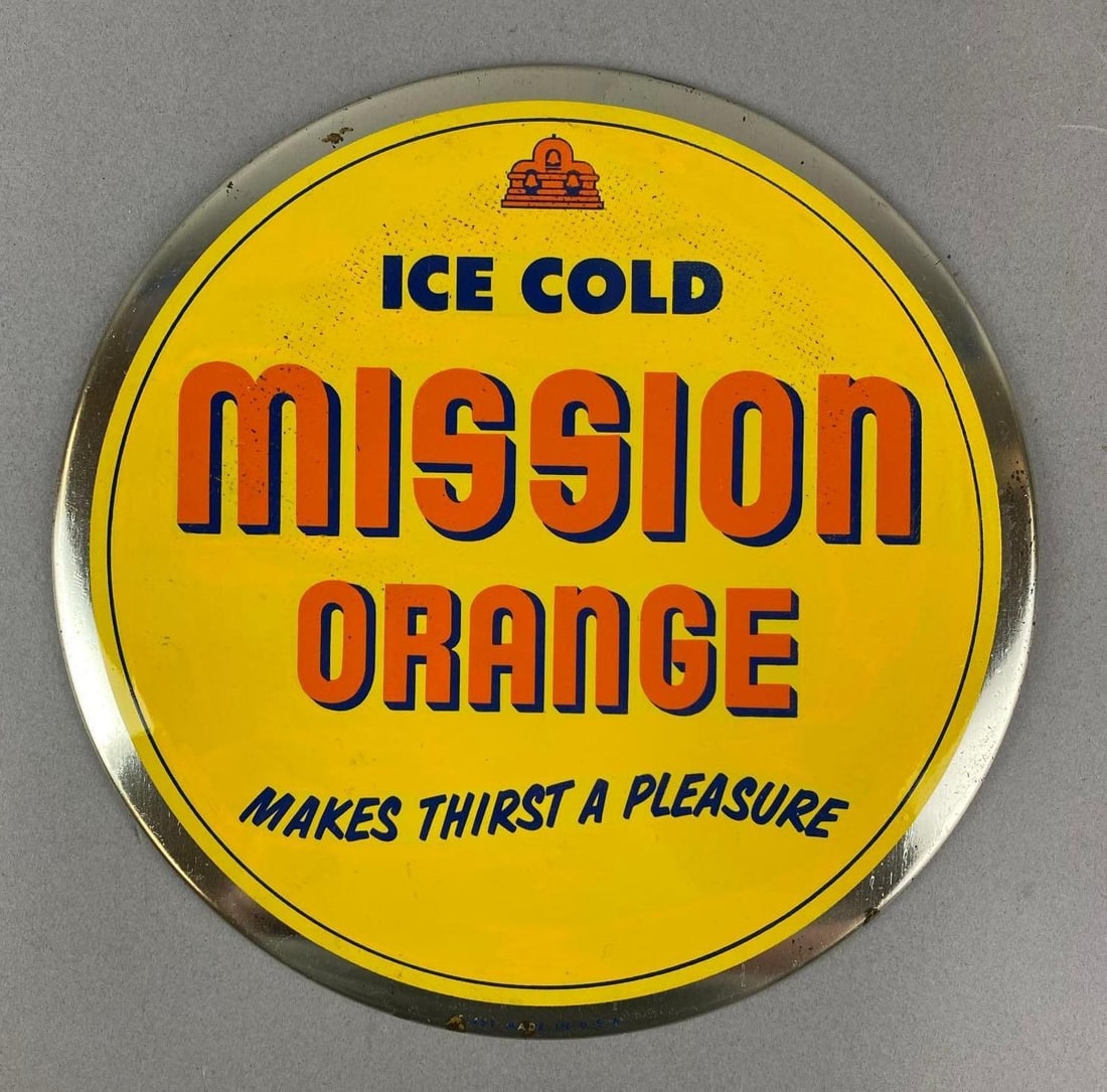 Vintage 1940s Mission Orange Soda Advertising Button Sign: Paint has been touched up. Measures 8 3/4 x 8 3/4 inches.