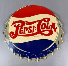 Antique 1930s Pepsi Bottle Cap Metal Advertising Sign