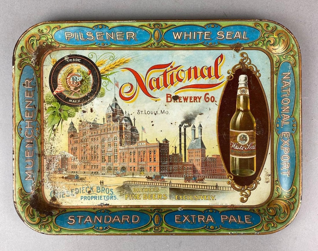 Antique 1910 National Beer Advertising Tray: St. Louis, Missouri. Has rust. Measures 10 1/4 x 13 3/4 x 3/ inches.