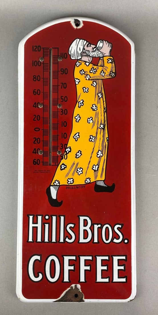 Vintage 1940s Hills Bros Coffee Ceramic Thermometer Advertising Sign (1 of 2)