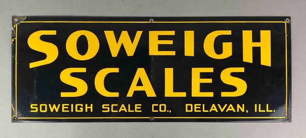 Antique 1930s Delevan, Illinois Soweigh Scales Advertising Porcelain Sign
